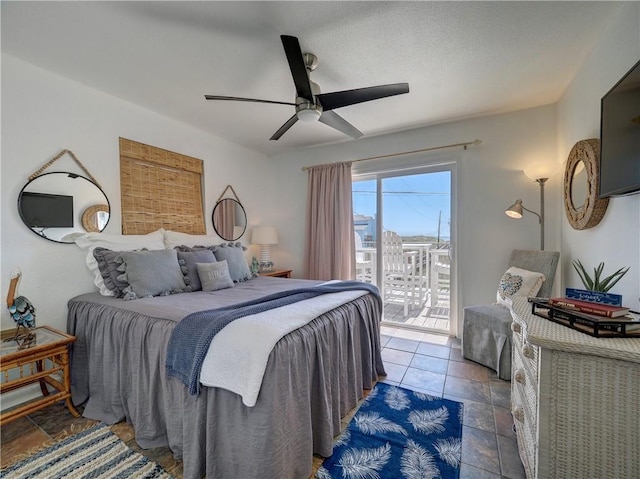 bedroom featuring ceiling fan and access to exterior