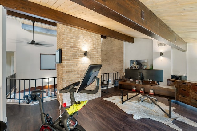 home office with vaulted ceiling with beams, dark hardwood / wood-style floors, ceiling fan, and wood ceiling