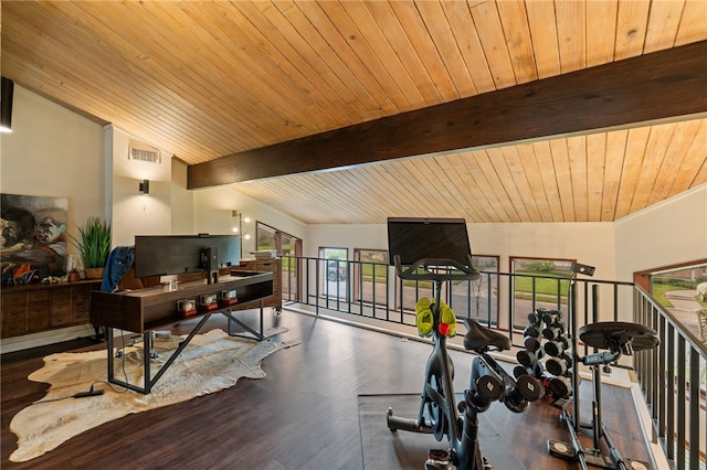 workout room with hardwood / wood-style floors, vaulted ceiling, and wooden ceiling