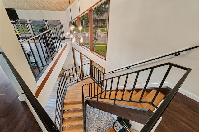 stairs featuring wooden ceiling and wood-type flooring