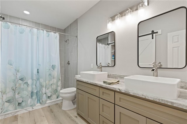 full bathroom with toilet, a sink, a shower with shower curtain, and wood finished floors