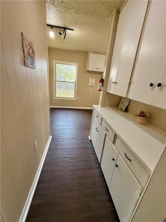 corridor with baseboards, dark wood finished floors, rail lighting, a textured ceiling, and wood walls