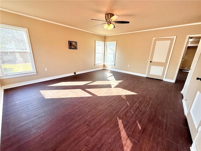 unfurnished bedroom with multiple windows, baseboards, dark wood-type flooring, and crown molding