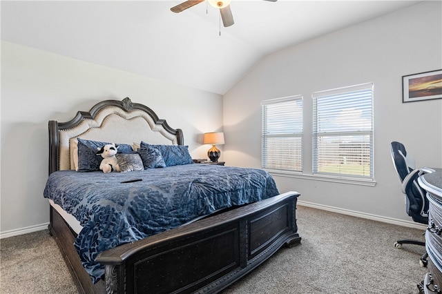 carpeted bedroom featuring lofted ceiling and ceiling fan