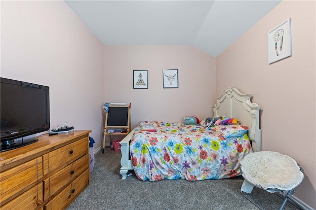 carpeted bedroom featuring vaulted ceiling