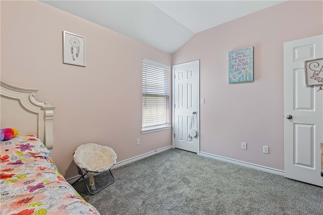 bedroom featuring lofted ceiling and carpet