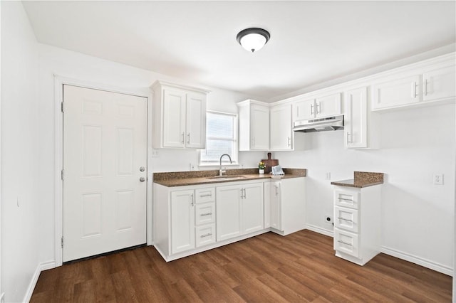 kitchen with under cabinet range hood, white cabinetry, dark wood-style flooring, and a sink