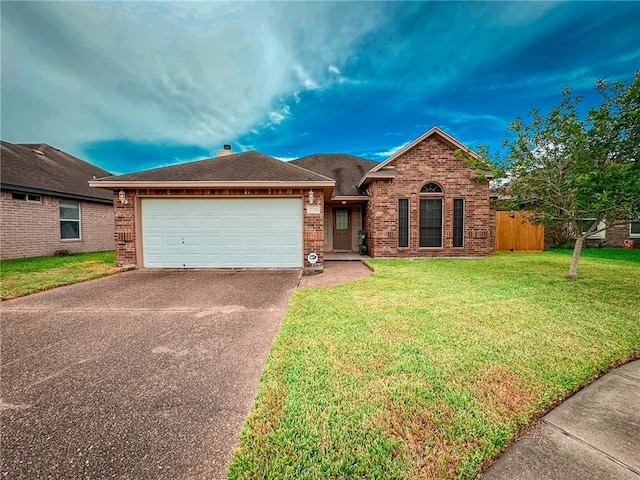 ranch-style home with a garage and a front yard