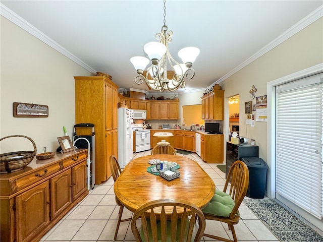 tiled dining space with ornamental molding and a chandelier