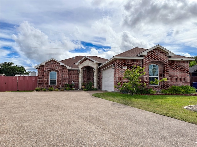 single story home with a garage and a front yard