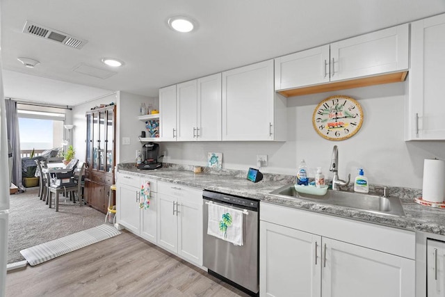 kitchen featuring a sink, white cabinetry, visible vents, and stainless steel dishwasher