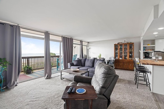 living area with a wall of windows, a water view, and light colored carpet