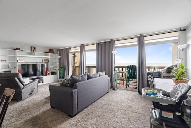 living room featuring carpet floors, a healthy amount of sunlight, and a water view