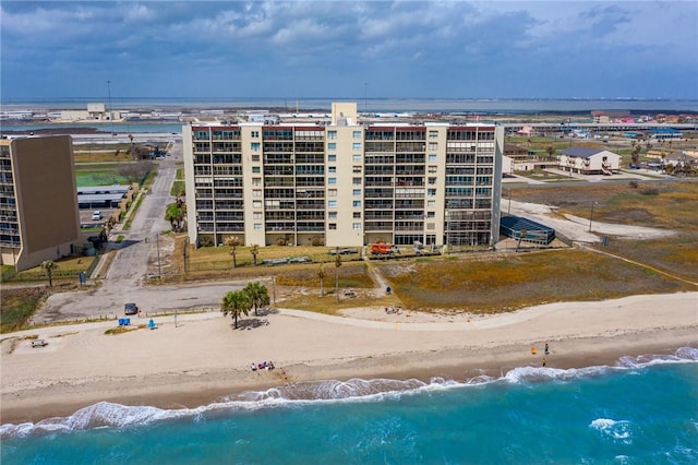 bird's eye view with a view of the beach and a water view