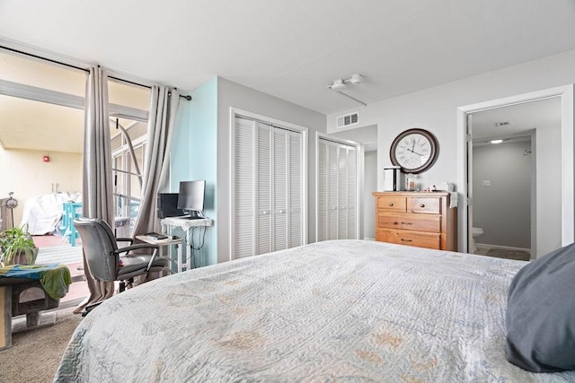 bedroom with carpet, visible vents, and multiple closets