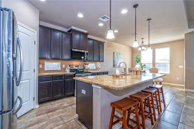 kitchen with sink, a center island with sink, appliances with stainless steel finishes, a kitchen breakfast bar, and pendant lighting