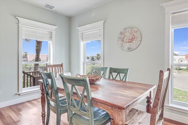 dining area featuring light wood-type flooring and a wealth of natural light