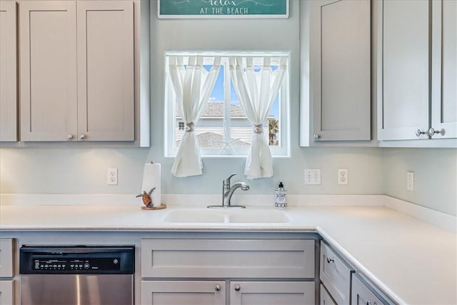 kitchen with stainless steel dishwasher, gray cabinetry, and sink