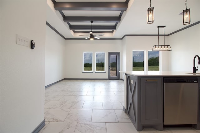 3633 Rebecca Dr, Corpus Christi, TX 78410 - kitchen featuring stainless steel dishwasher, a sink, light marble finish floors, ceiling fan, and light countertops