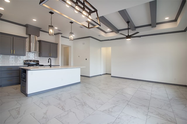 3633 Rebecca Dr, Corpus Christi, TX 78410 - kitchen featuring wall chimney range hood, stainless steel range with electric cooktop, baseboards, ceiling fan, and backsplash