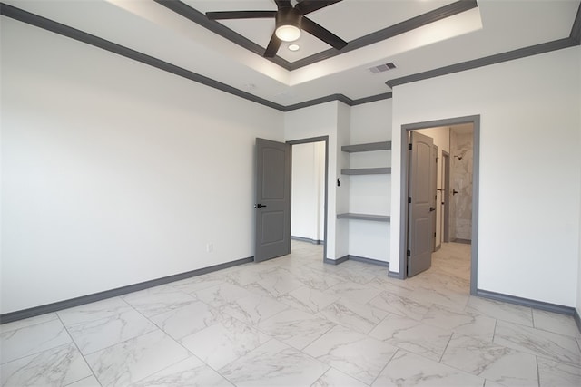 3633 Rebecca Dr, Corpus Christi, TX 78410 - unfurnished bedroom with baseboards, a tray ceiling, crown molding, light marble finish flooring, and ceiling fan
