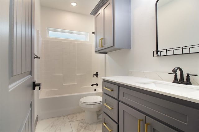 3633 Rebecca Dr, Corpus Christi, TX 78410 - full bathroom featuring toilet, vanity, marble finish floors, bathing tub / shower combination, and recessed lighting