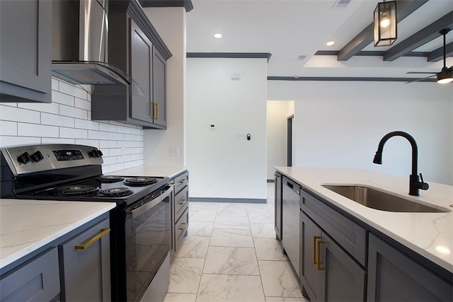 3633 Rebecca Dr, Corpus Christi, TX 78410 - kitchen with range with electric cooktop, wall chimney exhaust hood, a sink, light marble finish flooring, and backsplash