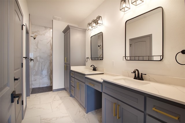 3633 Rebecca Dr, Corpus Christi, TX 78410 - full bathroom with marble look tile flooring, tiled shower, and double vanity