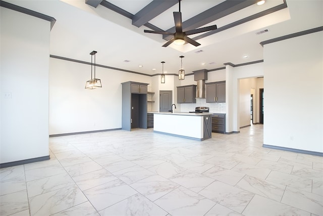 3633 Rebecca Dr, Corpus Christi, TX 78410 - kitchen with baseboards, wall chimney exhaust hood, a ceiling fan, light countertops, and recessed lighting