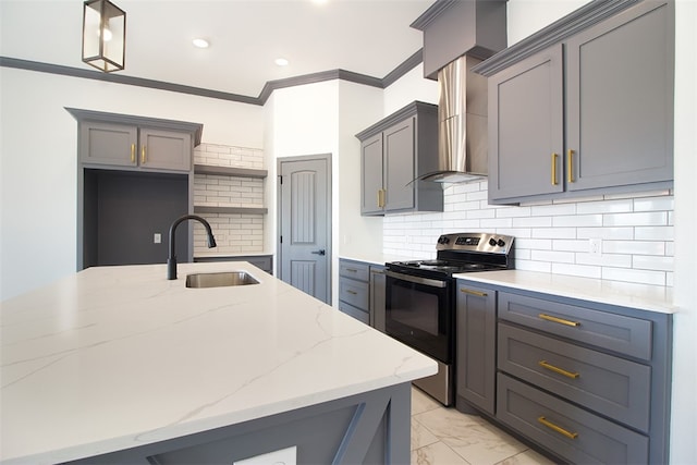 3633 Rebecca Dr, Corpus Christi, TX 78410 - kitchen featuring electric stove, a sink, light stone countertops, light marble finish floors, and decorative backsplash