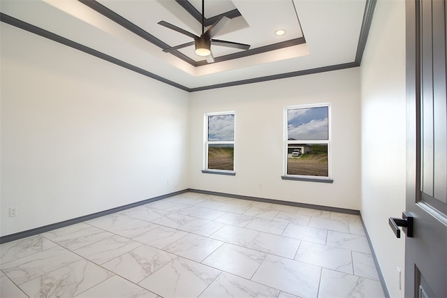 3633 Rebecca Dr, Corpus Christi, TX 78410 - unfurnished room with a ceiling fan, crown molding, baseboards, a raised ceiling, and light marble finish flooring