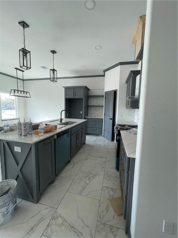 kitchen with marble finish floor, black electric range, a sink, dishwashing machine, and hanging light fixtures