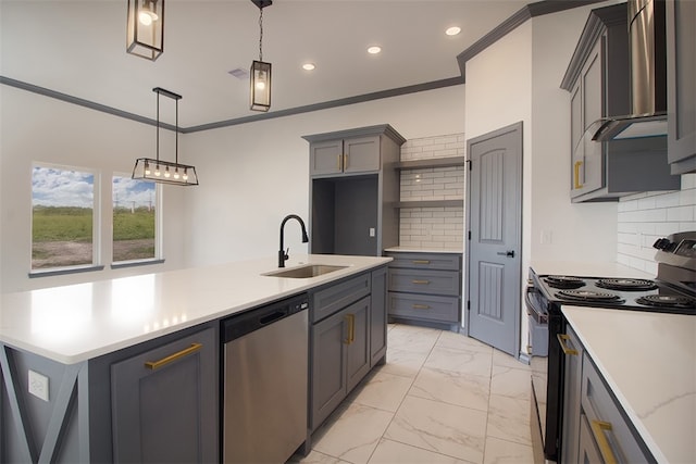 3633 Rebecca Dr, Corpus Christi, TX 78410 - kitchen with stainless steel dishwasher, black electric range oven, a sink, light marble finish flooring, and light countertops