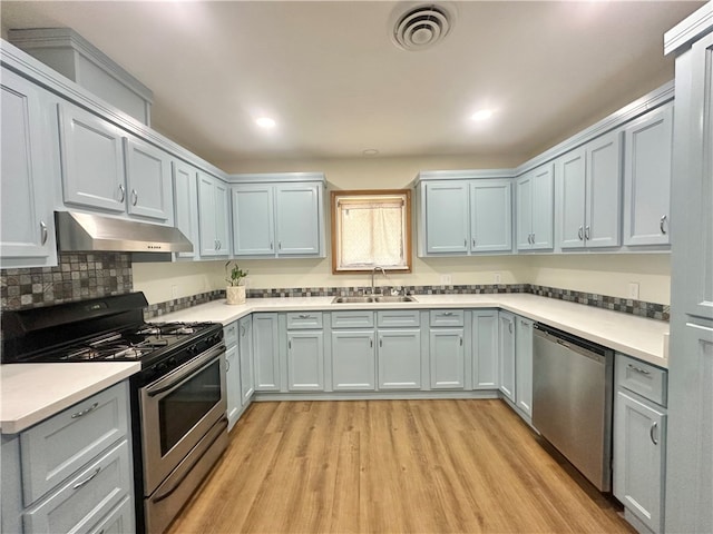 kitchen with appliances with stainless steel finishes, sink, tasteful backsplash, and light hardwood / wood-style flooring