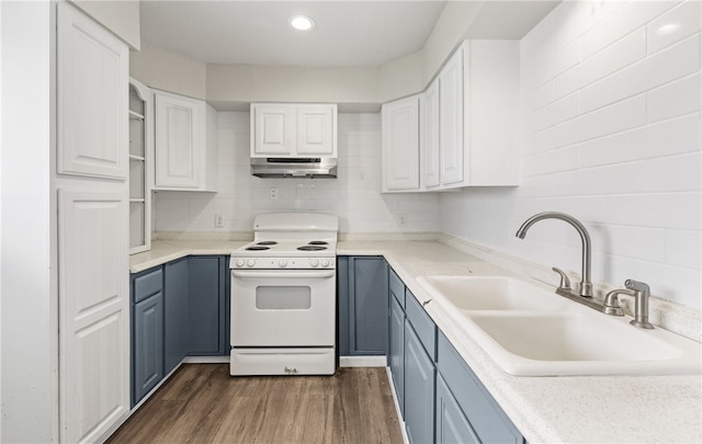 5302 Bonham St, Corpus Christi, TX 78415 - kitchen with electric range, under cabinet range hood, a sink, white cabinetry, and dark wood-type flooring