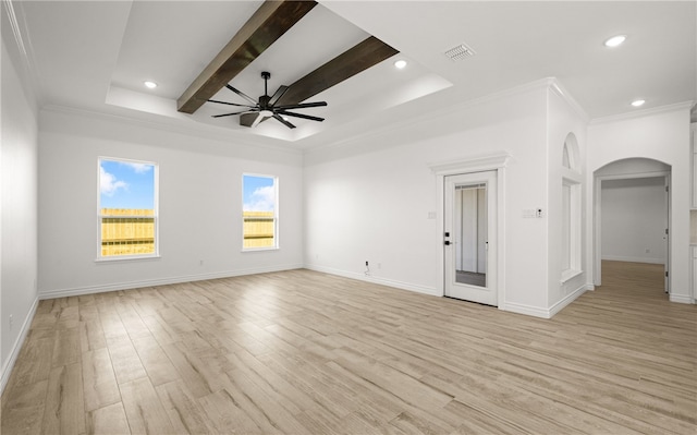 unfurnished room with beam ceiling, ceiling fan, light hardwood / wood-style floors, and ornamental molding