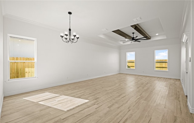 unfurnished room featuring ceiling fan with notable chandelier, a raised ceiling, crown molding, light hardwood / wood-style flooring, and beamed ceiling