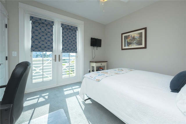 bedroom featuring access to exterior, carpet, french doors, and ceiling fan