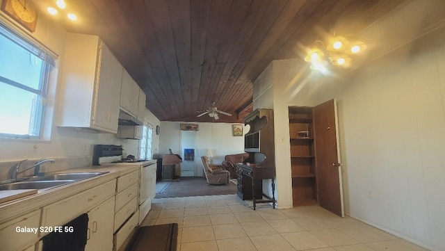 kitchen featuring electric stove, sink, wood ceiling, ceiling fan, and white cabinetry