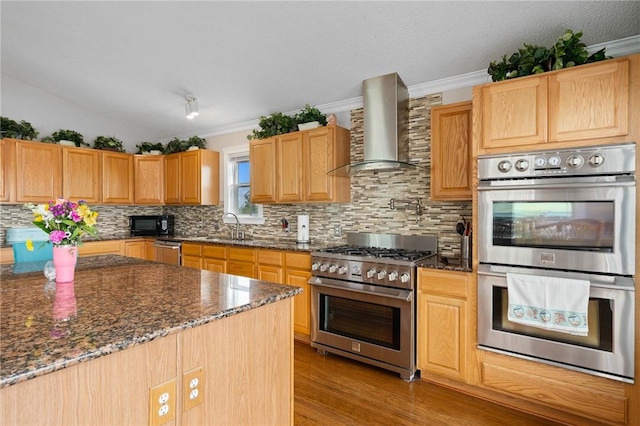 kitchen featuring a sink, tasteful backsplash, stainless steel appliances, and wall chimney exhaust hood