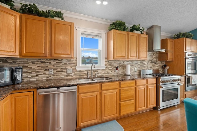 kitchen featuring wall chimney exhaust hood, a textured ceiling, a sink, light wood-style flooring, and stainless steel appliances