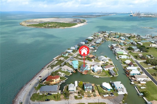 bird's eye view featuring a water view and a residential view