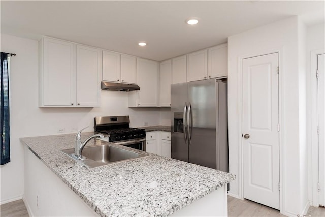 13245 Wrangler St, Robstown, TX 78380 - kitchen with white cabinetry, a peninsula, appliances with stainless steel finishes, and under cabinet range hood