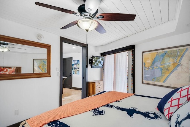 bedroom featuring ceiling fan and wood ceiling