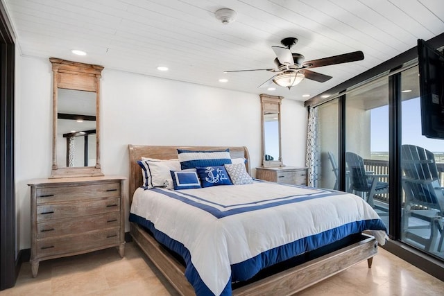 bedroom with access to outside, ceiling fan, and wood ceiling