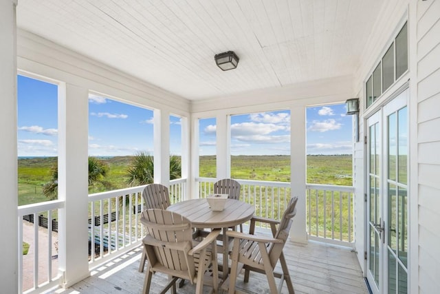 sunroom featuring wooden ceiling