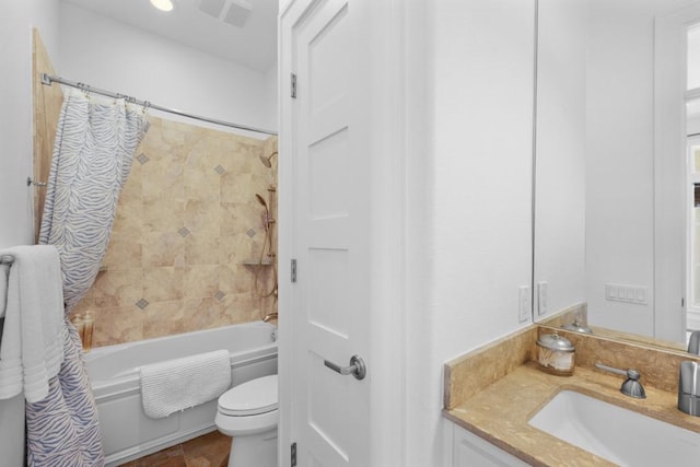 full bath featuring toilet, shower / tub combo, visible vents, and vanity