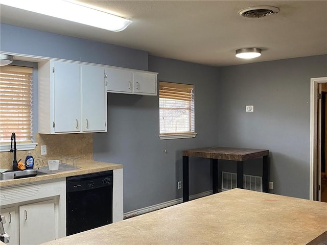 kitchen featuring white cabinetry, dishwasher, sink, and tasteful backsplash