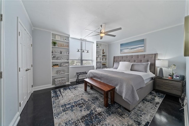 bedroom featuring crown molding, a ceiling fan, and baseboards