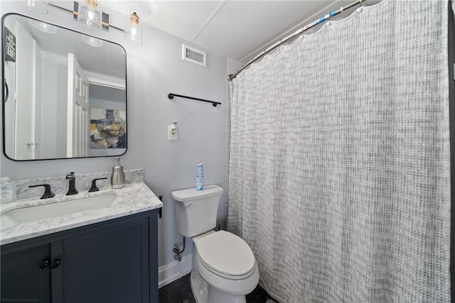 full bathroom featuring visible vents, toilet, and vanity